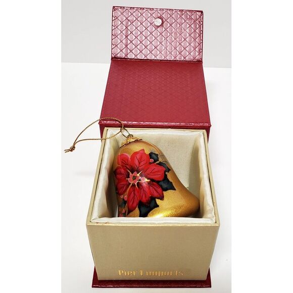 Pier 1 Li Bien 2016 Poinsettia Gold Bell Red Boxed Reverse Painted Ornament Box - Picture 1 of 10